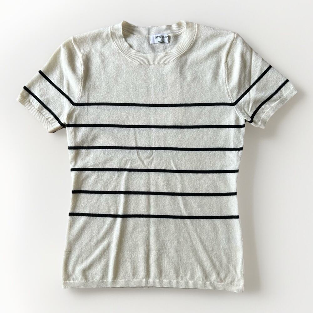 NEW The Workshop Short-Sleeve Striped Knit Crewneck Top Women's Size Large Slim